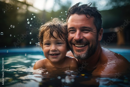 Father and son enjoying swimming time together in the pool, summer time