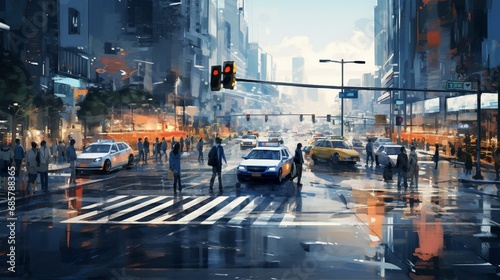 A busy intersection with cars and pedestrians, capturing the dynamic and constant movement of daily urban traffic. photo