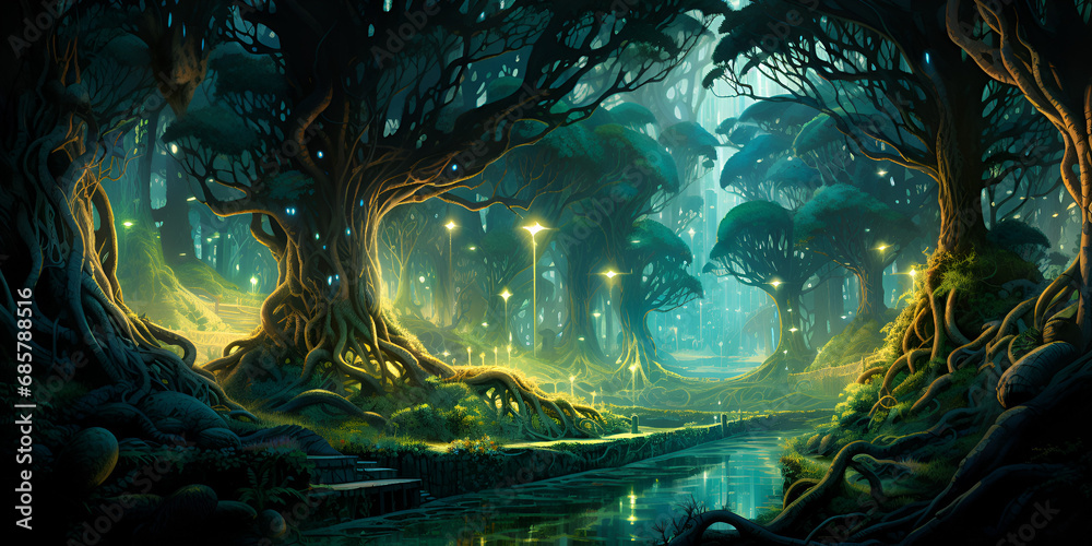 Enchanted Wilderness Illuminated A Mystical Journey Through a Magic Forest Bathed in Ethereal Light Generative AI