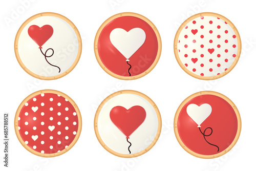 Set of round cookies with red and white royal icing. Cakes decorated with a heart-shaped balloon and polka dot pattern. Sweet holiday biscuit for valentine's day, romantic date, wedding, anniversary