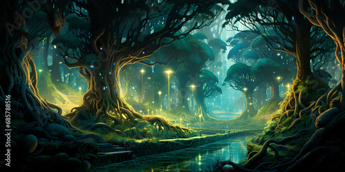 Enchanted Wilderness Illuminated A Mystical Journey Through a Magic Forest Bathed in Ethereal Light Generative AI