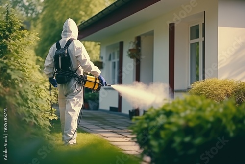 Confident Pest Control Worker Ready To Tackle Pests Worker Sprays Pesticide Outside House For Pest Control