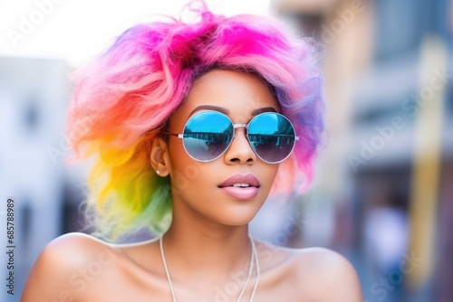 Happiness Very Attractive African Woman With Sunglasses , Rainbow Hair, Glass Of Cocktail,