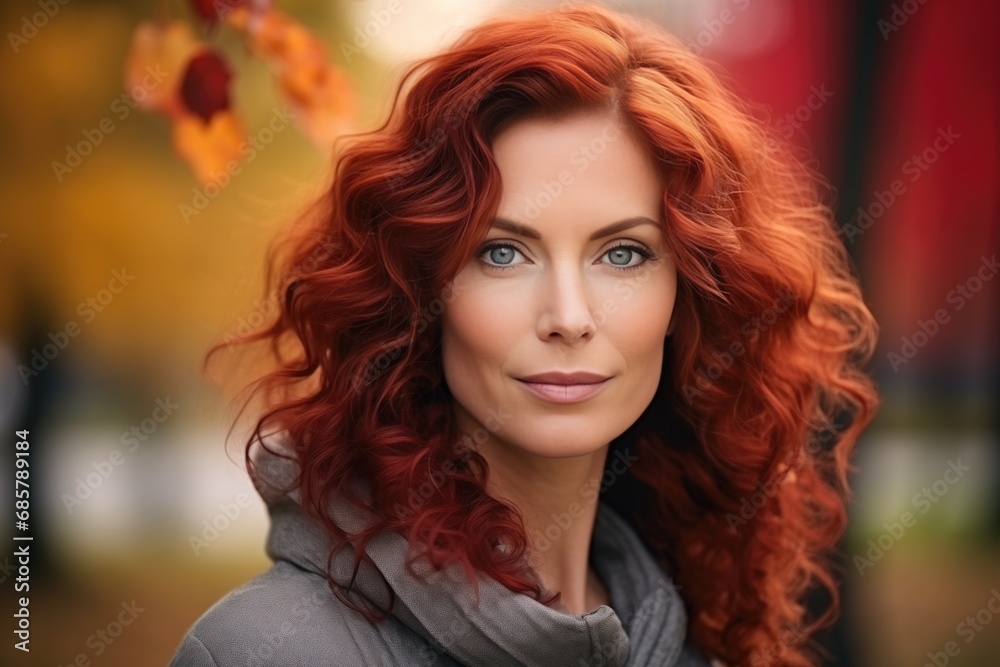 Middleaged Woman With Red Curly Hair, Looking At The Camera In A Park