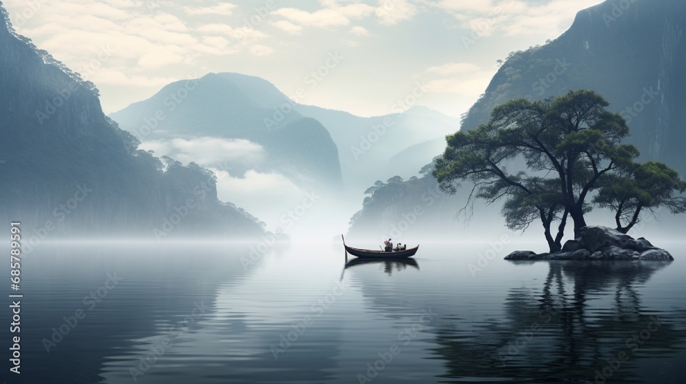 A misty morning over a calm lake, where a lone boat sits, surrounded by towering mountains reflecting in the still water.