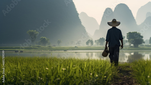 Chinese farmer in rice paddy. Asia exotic travel destination