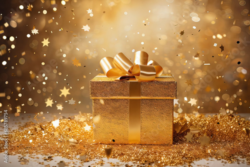 Christmas golden gift box on a shiny festive background. New Year present holiday concept © Roxana