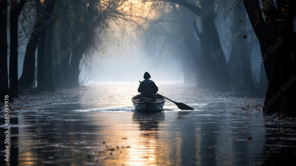 lonely person rowing on boat on mysterious river