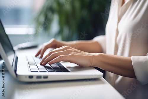 Close-up of a woman's hands typing on a laptop keyboard