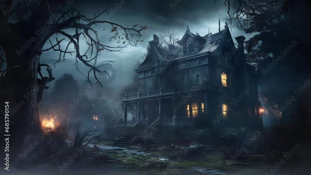 Animation of creepy horror house in the forest. Seamless looping video background animation. Generated with AI