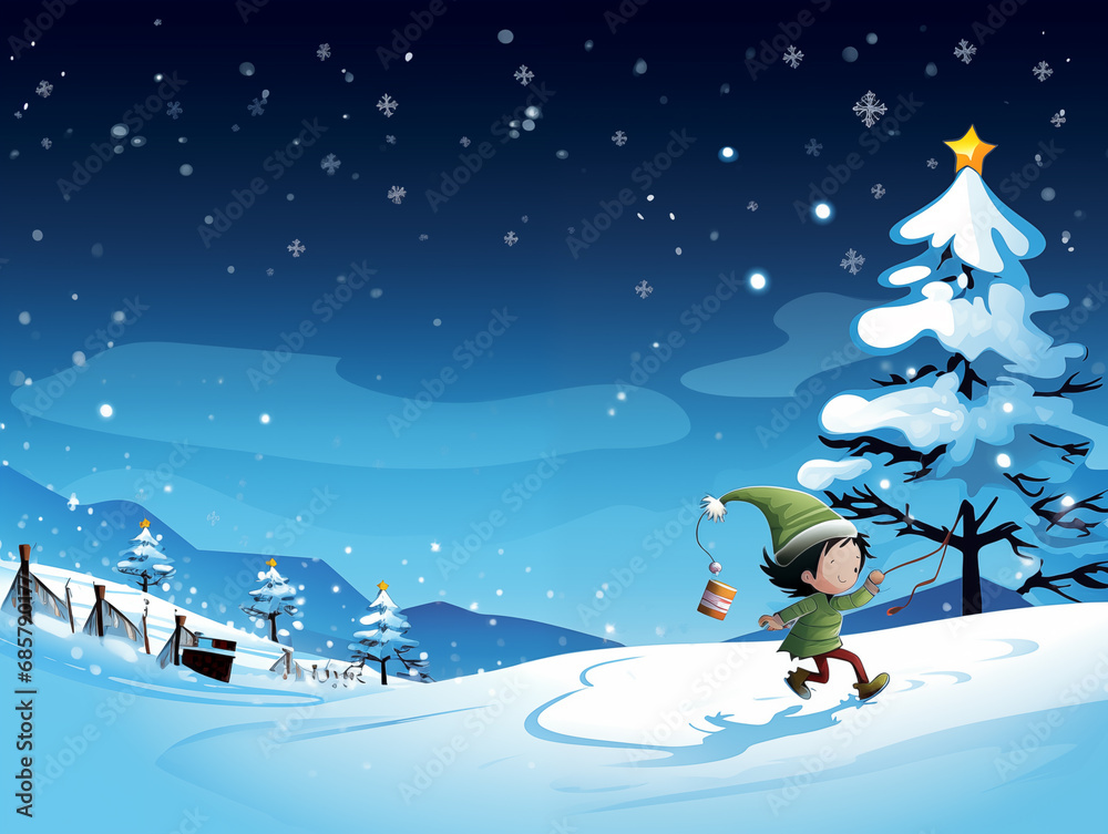 Family with gifts and joyful children. New Year's atmosphere, Christmas tree, snow. Postcard style. Family with gifts and joyful children. New Year's atmosphere, Christmas tree, snow. Postcard style.
