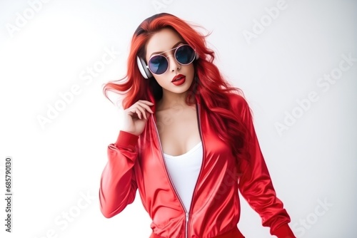 Unexpectedly Stunning Asian Woman Sporting Sunglasses, Vibrant Red Hair, Tracksuit, And Headphones