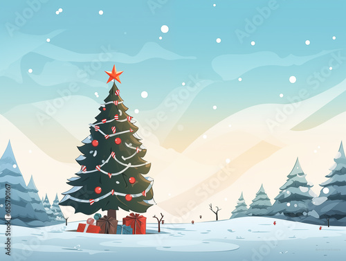 Christmas atmosphere, Christmas tree, winter snow, presents in boxes. Postcard style.