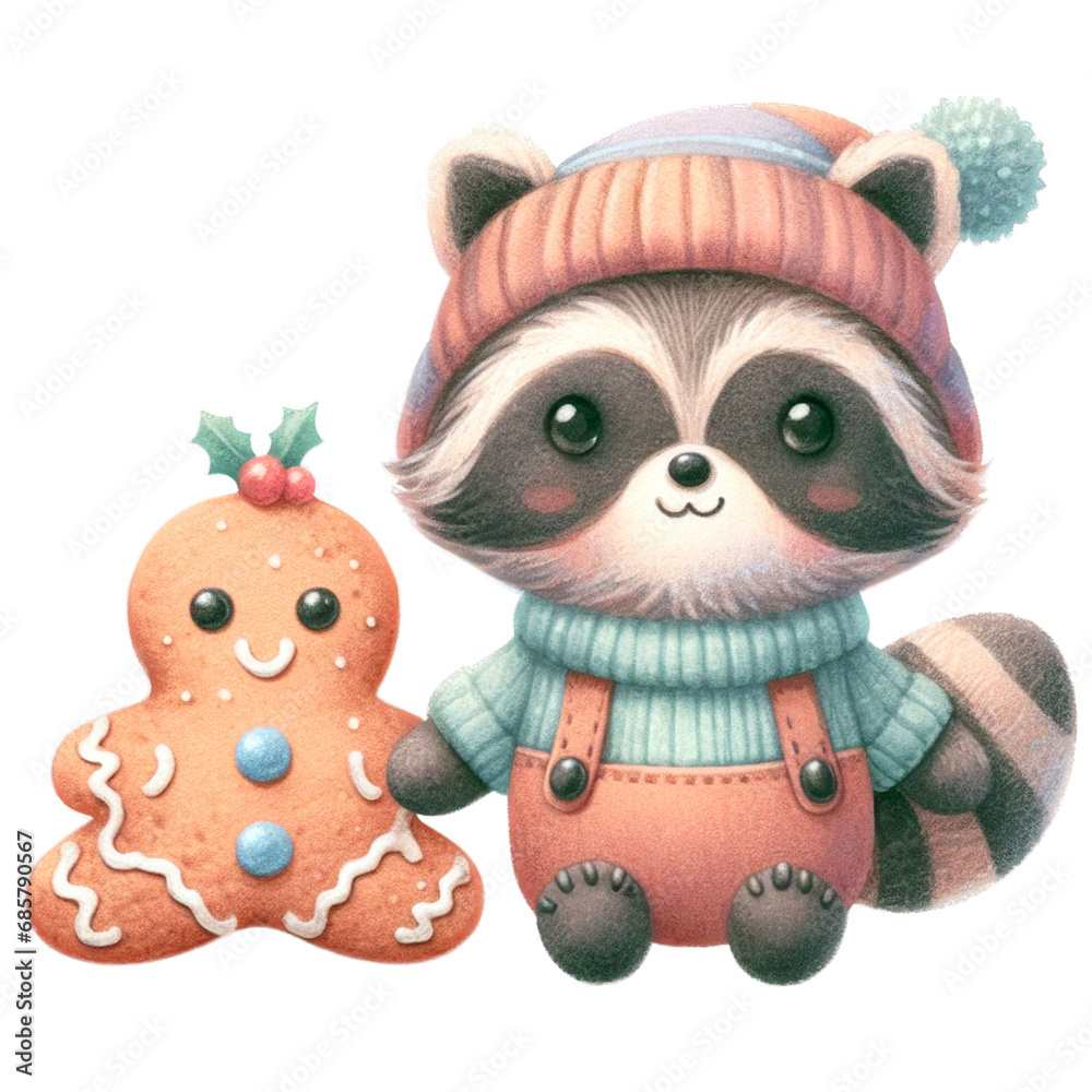 Obraz premium Raccoon Woodland animals Christmas watercolor Clipart png isolated. Cute Raccoon woodland animal gingerbread cookies character clipart