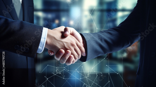 Two businesspeople shaking hands against abstract glowing polygonal background. Partnership concept. Handshake of businessmen in a suit. Successful negotiating business concept. 
