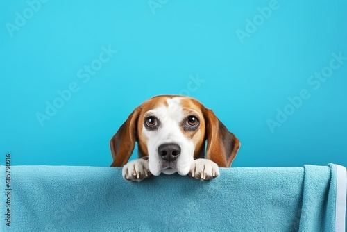 Cute beagle and white towel with blue background