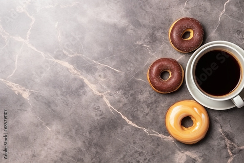 Sweet donuts with coffee on white marble background