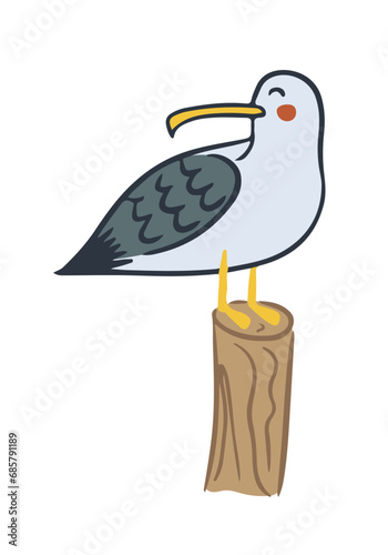 Funny flat hand drawn seagull staying on log. Sea bird in cartoon kawaii style. Summer holiday concept character. Ideal for sea style decoration, sticker,