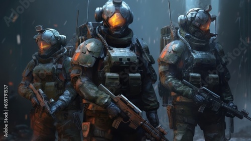 Group of soldiers of the special forces of the future are ready to fight. Futuristic. Military Concept. Future Concept