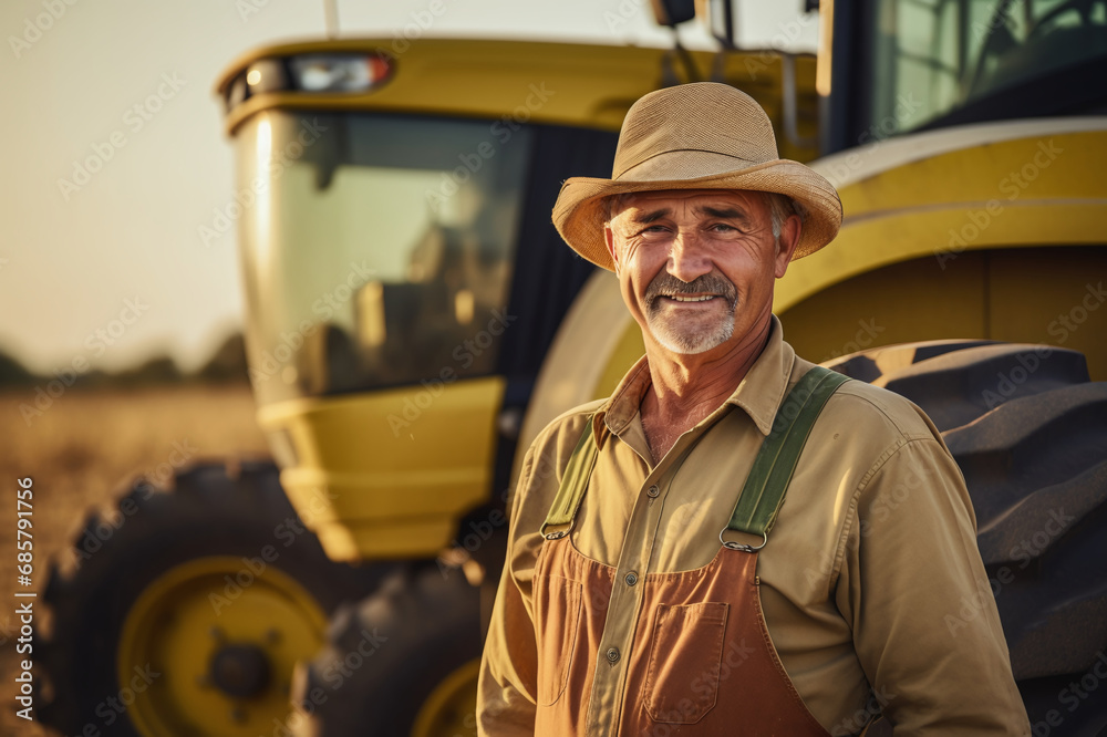 Farmer against the background of a tractor in the field, work in the field, agriculture