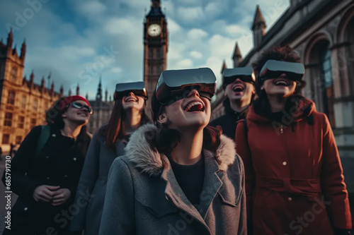 A group of people on a city tour wearing virtual glasses, modern tourism, digital walks around the city. photo