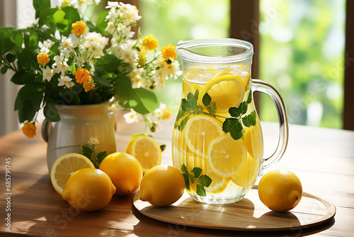 Lemonade in jug on wooden table with garden background