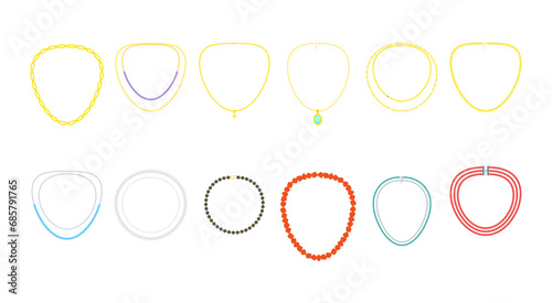 Cartoon Color Different Types Necklace Icon Set Bijouterie Accessories Concept Flat Design Style. Vector illustration of Women Necklaces