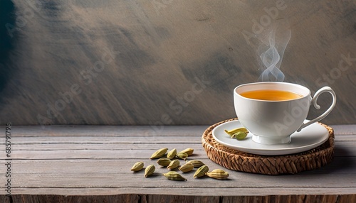Cardamom and cinnamon herbal tea, wooden background, copy space for tex