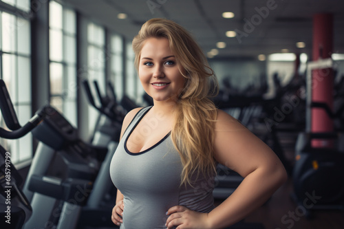 Beautiful curvy girl in the gym. The girl brings her body back to normal with the help of training in the gym. © Olga