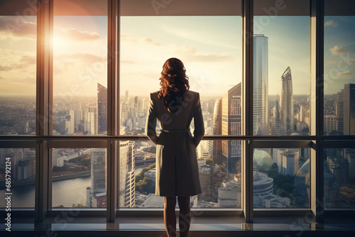 A successful businesswoman looks out the window at the cityscape from an office in a skyscraper, back view. AI generative