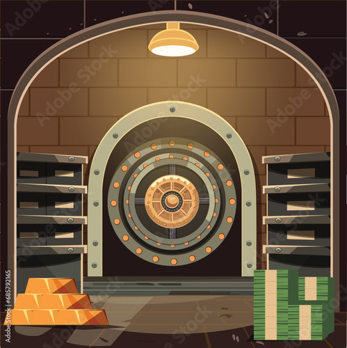 Cartoon Color Bank Vault Interior Inside Scene Concept Flat Design Style Gold, Cash and Currency Finance Storage. Vector illustration