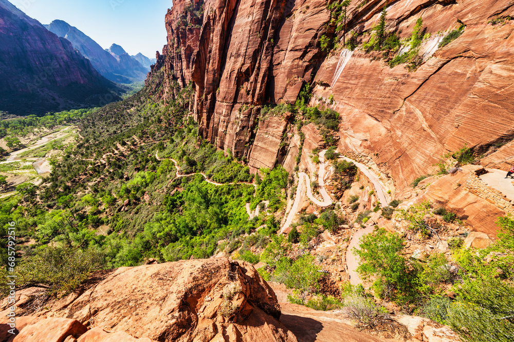 Zion National Park, Utah, USA. Beautiful landscapes, pristine nature, views of incredibly picturesque rocks and mountains. Angels Landing trail. Concept, tourism, travel, landmarkAngels Landing Zion National Park, Utah, USA. Beautiful landscapes, pristine nature, views of incredibly picturesque rocks and mountains. Angels Landing trail. Concept, tourism, travel, landmarkAngels Landing
