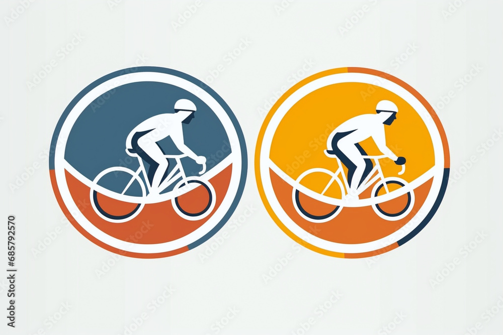Fototapeta premium Two cyclists in motion, depicted in colorful circular badges