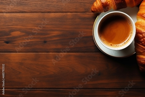 Top view coffee and croissant on wooden background