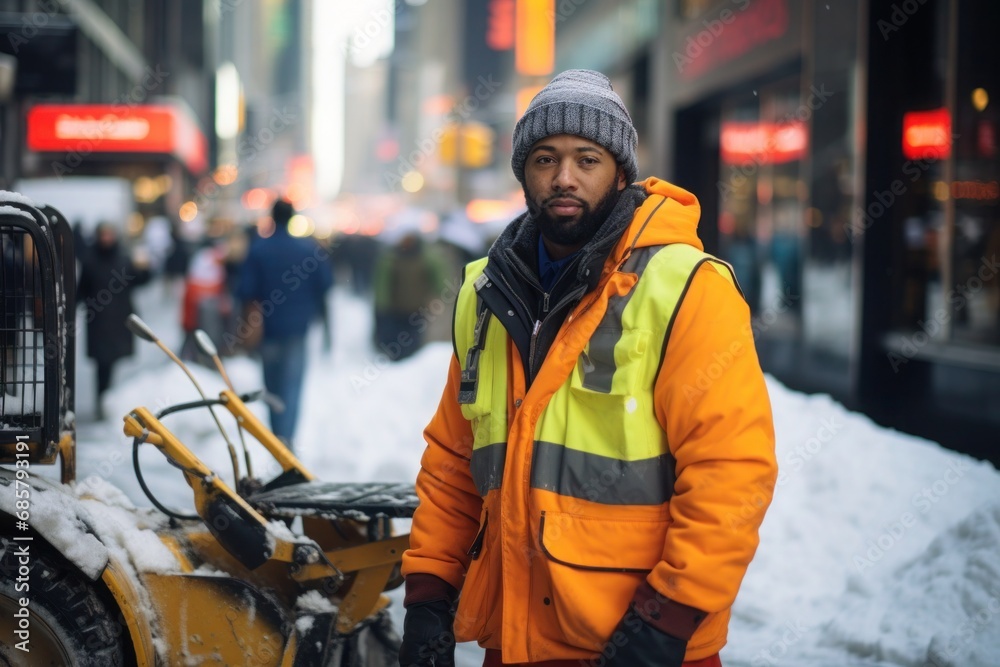 A worker in an orange uniform is clearing snow from the streets using a special machine on a winter day. The scene shows a man in practical winter clothes, efficiently maintaining clear pathway A worker in an orange uniform is clearing snow from the streets using a special machine on a winter day. The scene shows a man in practical winter clothes, efficiently maintaining clear pathway