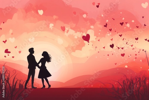 Contemporary art style depicting a couple in silhouette with a heart-filled sky  using a red to pink gradient  background  St Valentines or wedding  card