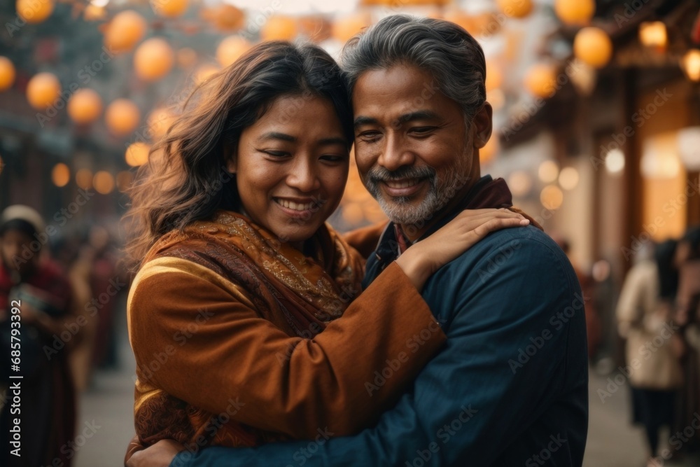 A beautiful happy Indian couple hugging on a festive decorated street. Day of hugs, Love, friendship, relatives concepts. A beautiful happy Indian couple hugging on a festive decorated street. Day of hugs, Love, friendship, relatives concepts.