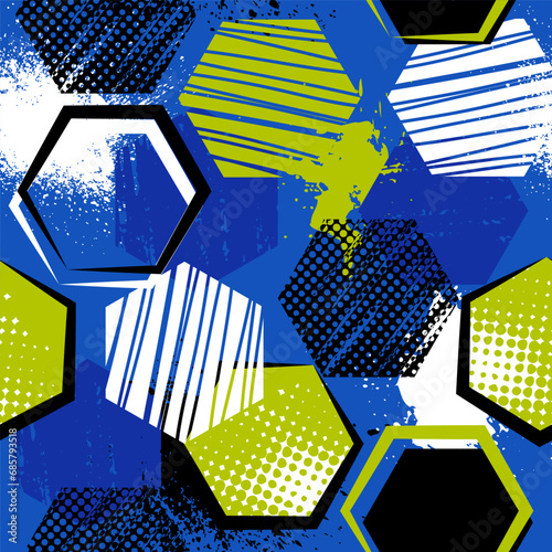 Abstract seamless pattern with urban geometric elements, scuffed, drops, spots, sprays, honeycombs. Grunge neon texture background. Drive modern creative wallpaper for boys and girls.