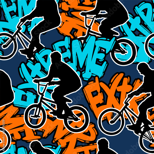 Abstract seamless grunge pattern for guys. Urban style modern background with with boy on bicycle BMX. Sport extreme style creative wallpaper