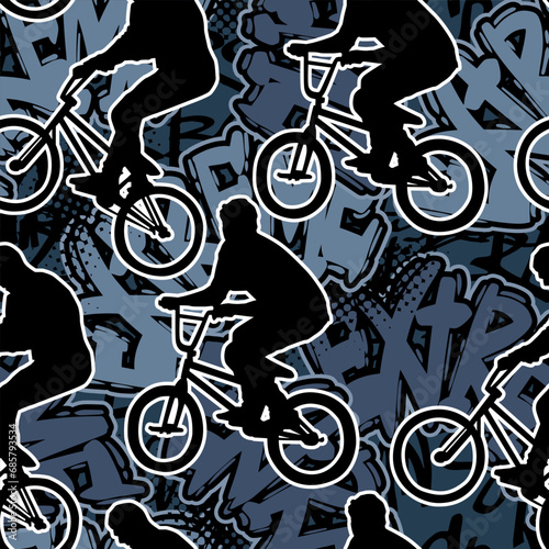 Abstract seamless grunge pattern for guys. Urban style modern background with with boy on bicycle BMX. Sport extreme style creative wallpaper