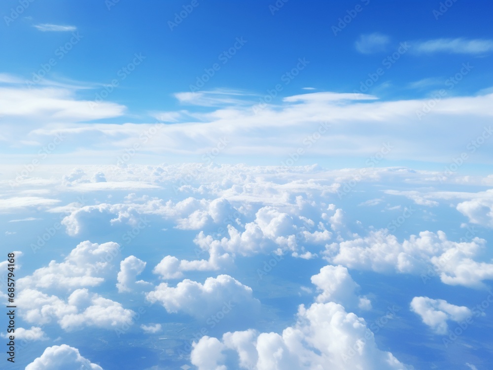 Fototapeta premium the camera view from the plane window , the blue sky and big clouds in sunlight very beautiful, AI GENERATED 