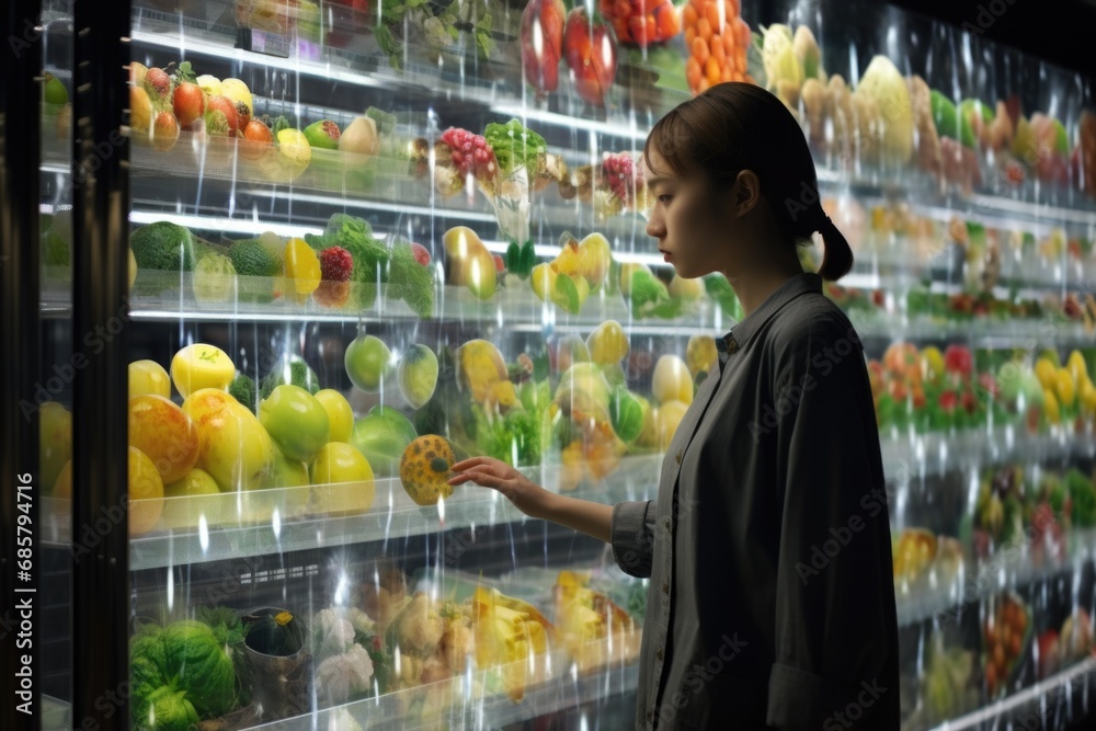 Korean woman shopping for groceries, fruits and vegetables in supermarket store