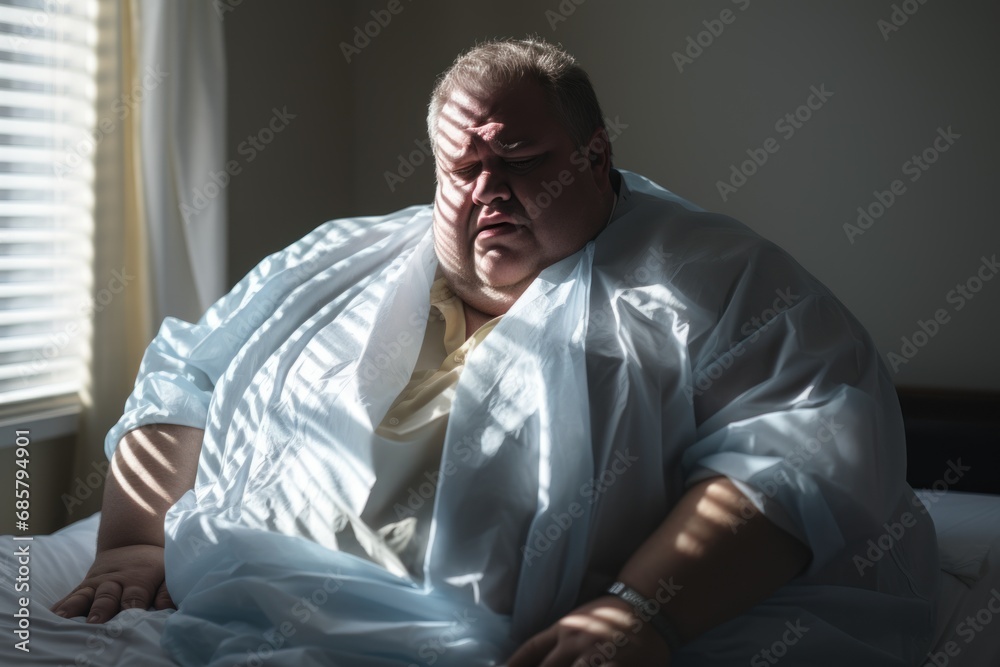 Close up of overweight patient in hospital gown waiting for medical examination, Close up of overweight patient in hospital gown waiting for medical examination,
