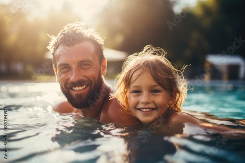 Father and son enjoying swimming time together in the pool, summer time photo