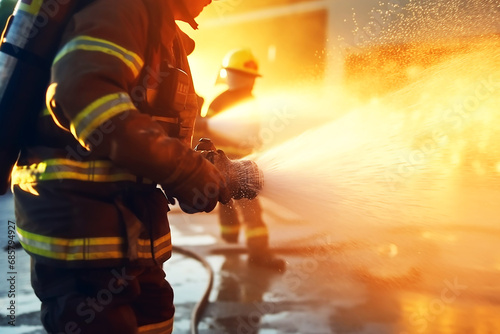 Firefighters use fire extinguishers and spray water