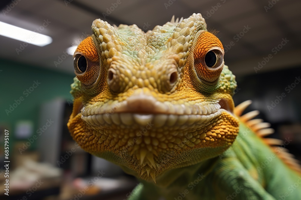 Close-up of funny faces of a chameleon looking at the camera Close-up of funny faces of a chameleon looking at the camera
