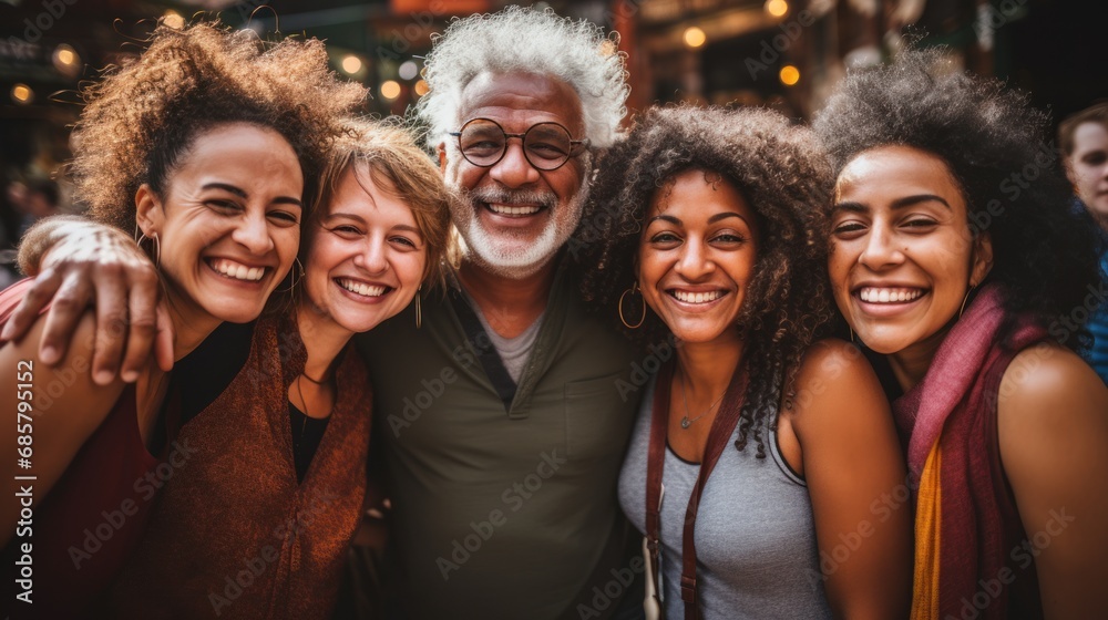 Crowd of generations hugging each other outdoors