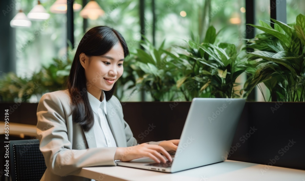 Smiling professional Korean businesswoman working with laptop in office