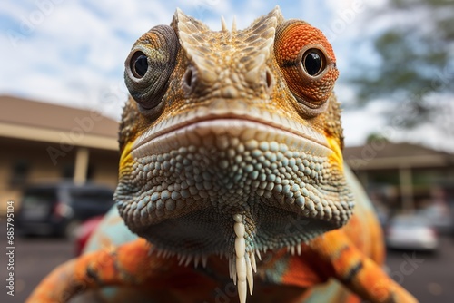 Close-up of funny faces of a chameleon looking at the camera