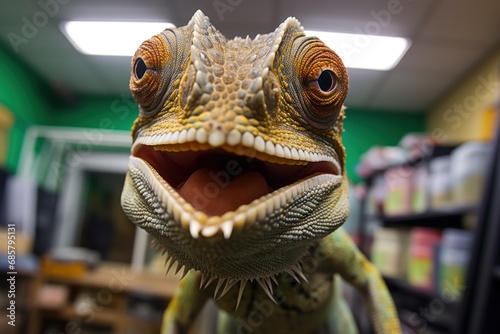 Close-up of funny faces of a chameleon looking at the camera